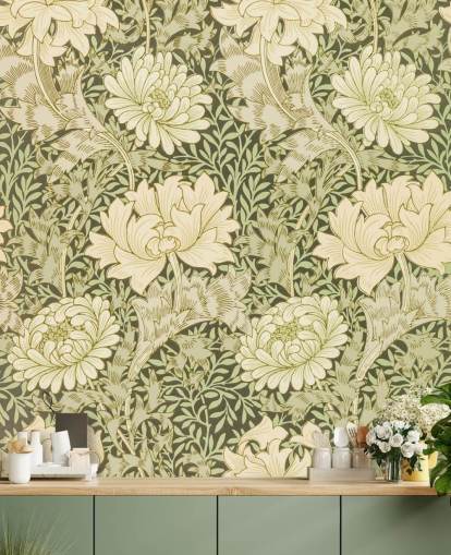 grüne und cremefarbene Vintage-Blumen-Tapete grüne und cremefarbene Vintage-Blumen-Tapete