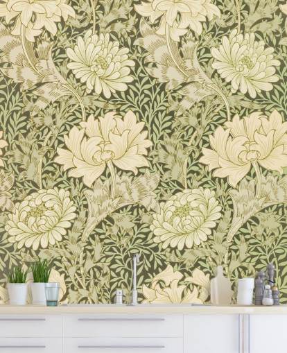 groen en gebroken wit vintage bloemenbehang