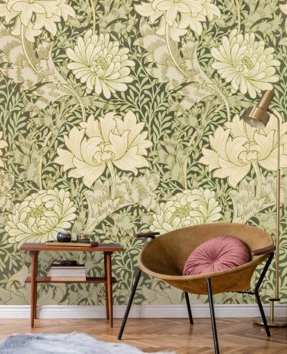 papier peint fleurs vintage vert et blanc cassé