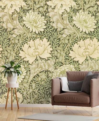 green and off-white vintage flowers wallpaper