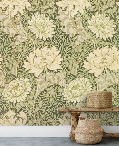 grüne und cremefarbene Vintage-Blumen-Tapete