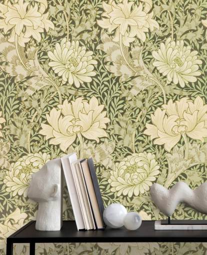 carta da parati fiori vintage verde e bianco sporco