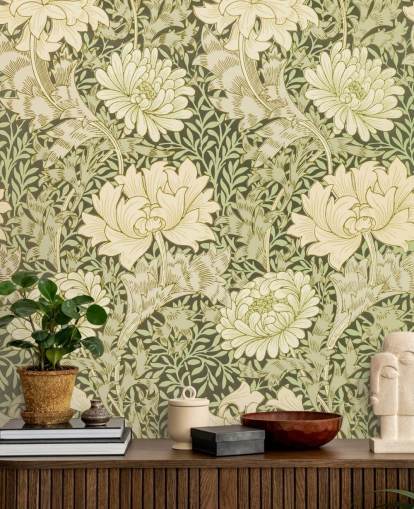 papel pintado de flores vintage verdes y blanquecinas