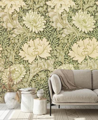 gröna och benvita vintage blommor tapeter