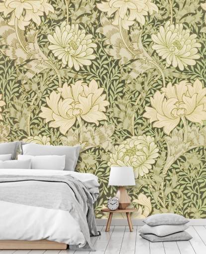 grüne und cremefarbene Vintage-Blumen-Tapete