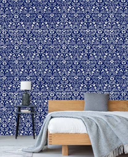 blue and white vintage pattern wallpaper
