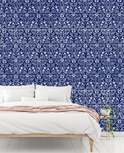 blue and white vintage pattern wallpaper