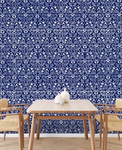 blue and white vintage pattern wallpaper