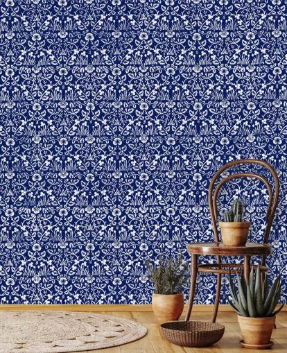 blue and white vintage pattern wallpaper