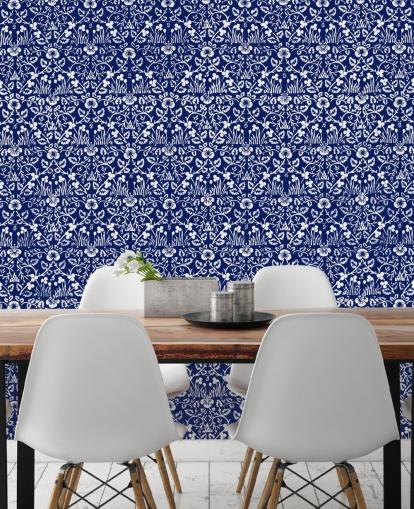 papier peint vintage bleu et blanc