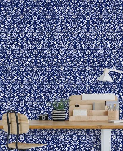 papel pintado vintage azul y blanco