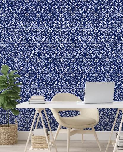 papel pintado vintage azul y blanco