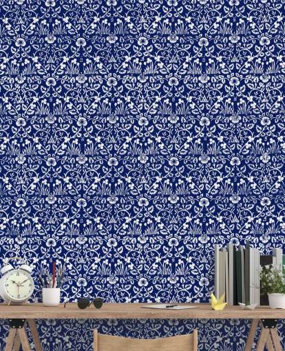 blue and white vintage pattern wallpaper