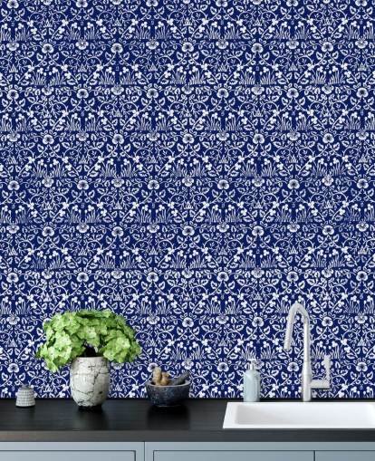 papel de parede padrão vintage azul e branco