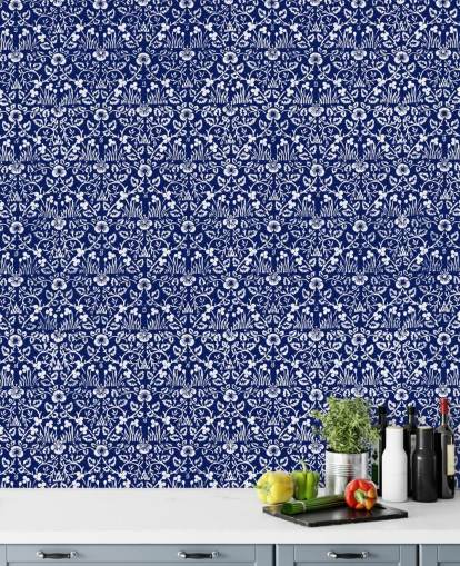 blue and white vintage pattern wallpaper