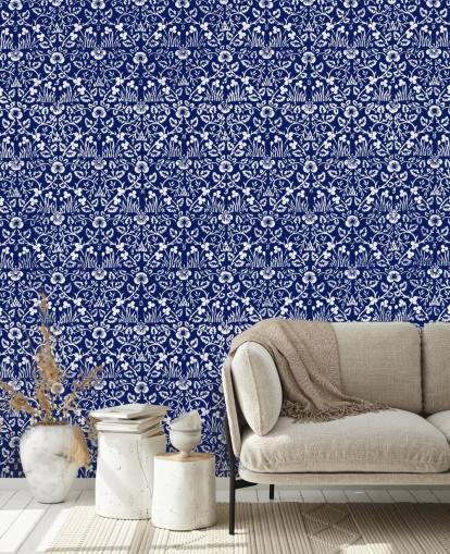 papier peint vintage bleu et blanc