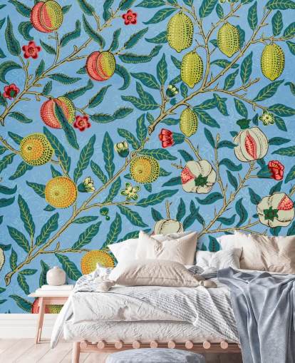 bright blue background with peaches, lemons and pomegranates wallpaper