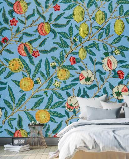 bright blue background with peaches, lemons and pomegranates wallpaper