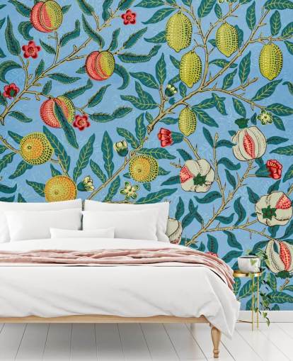 fond bleu vif avec des pêches, des citrons et des grenades papier peint