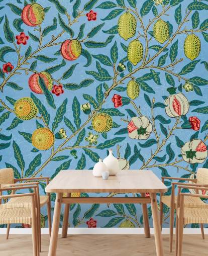 bright blue background with peaches, lemons and pomegranates wallpaper