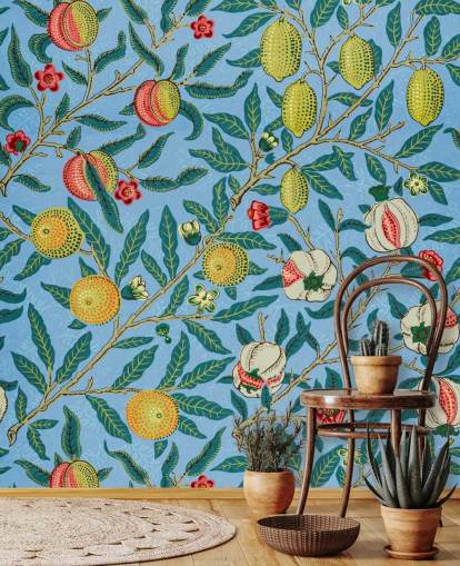 fond bleu vif avec des pêches, des citrons et des grenades papier peint fond bleu vif avec des pêches, des citrons et des grenades papier peint