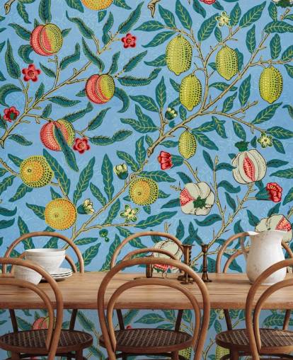 fond bleu vif avec des pêches, des citrons et des grenades papier peint