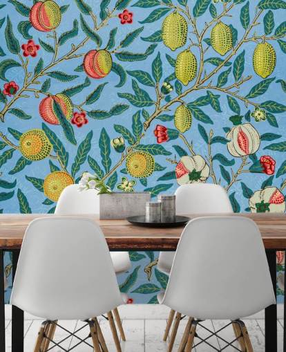 bright blue background with peaches, lemons and pomegranates wallpaper