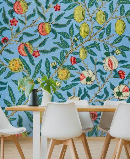 fond bleu vif avec des pêches, des citrons et des grenades papier peint