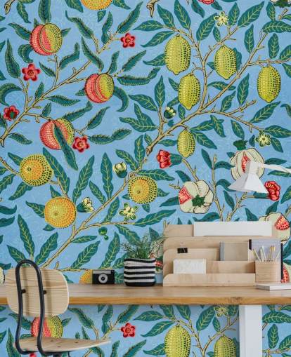 fundo azul brilhante com pêssegos, limões e romãs papel de parede fundo azul brilhante com pêssegos, limões e romãs papel de parede