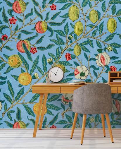 bright blue background with peaches, lemons and pomegranates wallpaper bright blue background with peaches, lemons and pomegranates wallpaper