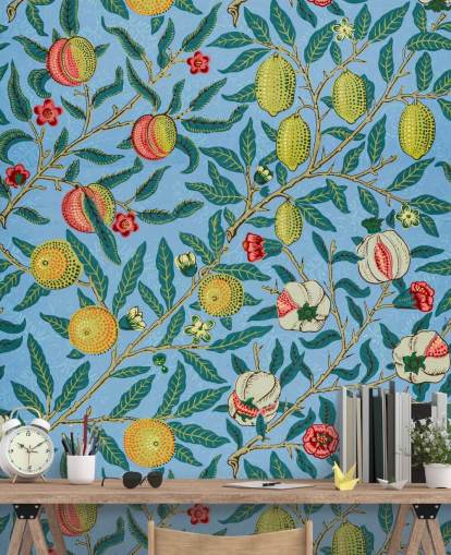 bright blue background with peaches, lemons and pomegranates wallpaper