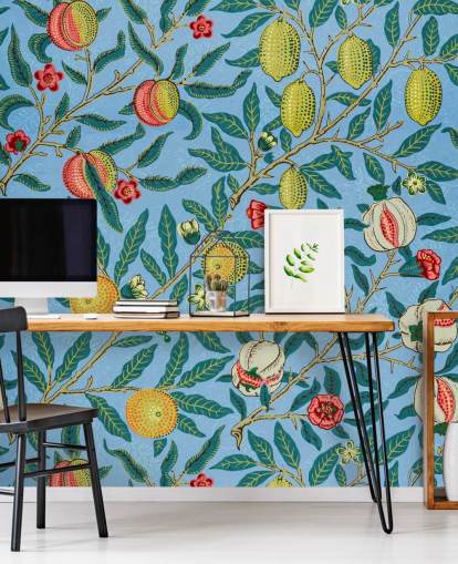 bright blue background with peaches, lemons and pomegranates wallpaper