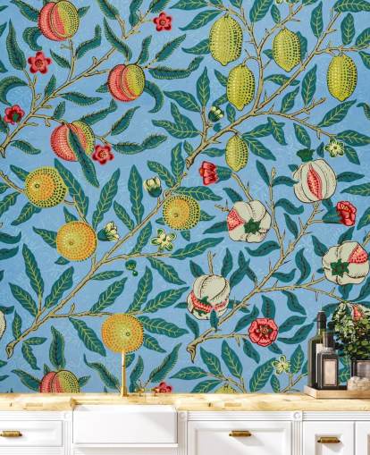 bright blue background with peaches, lemons and pomegranates wallpaper