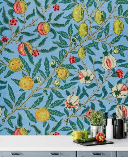 fond bleu vif avec des pêches, des citrons et des grenades papier peint fond bleu vif avec des pêches, des citrons et des grenades papier peint