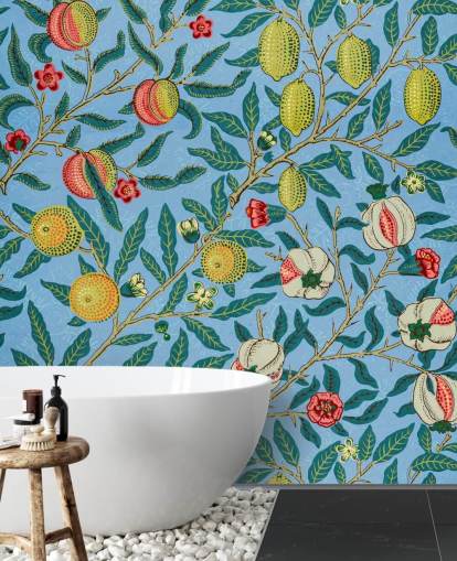 sfondo blu brillante con carta da parati pesche, limoni e melograni