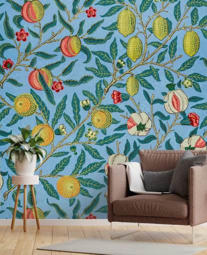 fond bleu vif avec des pêches, des citrons et des grenades papier peint fond bleu vif avec des pêches, des citrons et des grenades papier peint