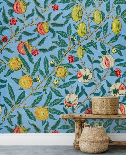 bright blue background with peaches, lemons and pomegranates wallpaper
