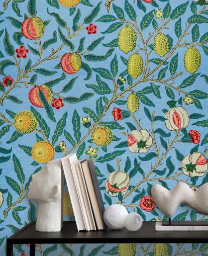 bright blue background with peaches, lemons and pomegranates wallpaper