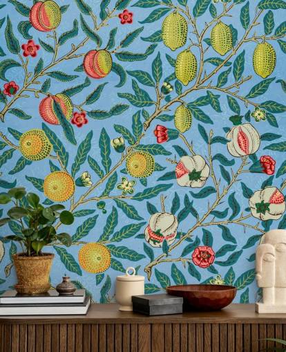 bright blue background with peaches, lemons and pomegranates wallpaper