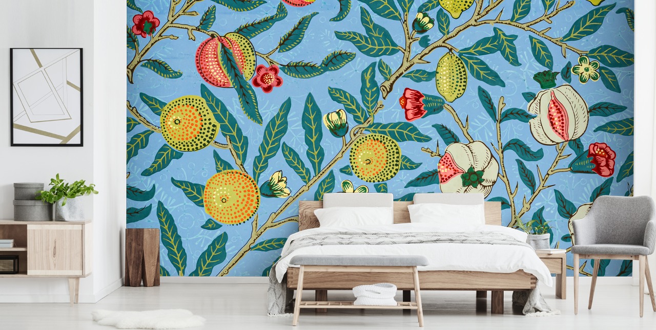 lys blå bakgrunn med fersken, sitroner og granatepler tapet