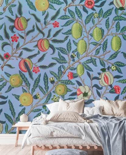 Tapete mit blauem Hintergrund, Limetten und Granatapfel