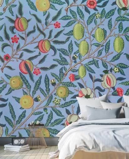 blue background limes and pomegranate wallpaper