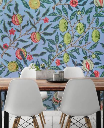 blue background limes and pomegranate wallpaper