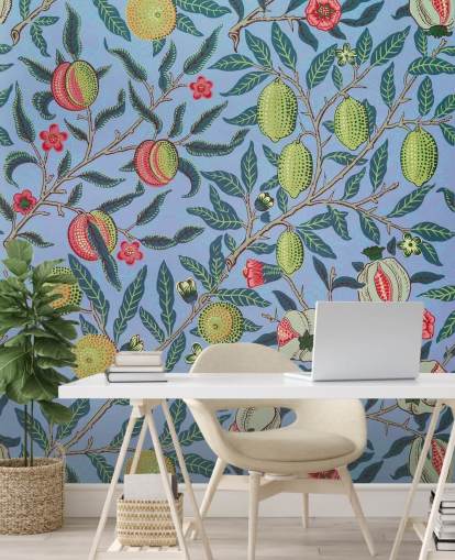 blue background limes and pomegranate wallpaper