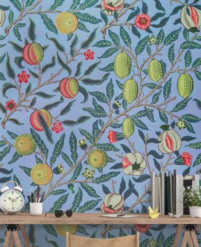 blue background limes and pomegranate wallpaper