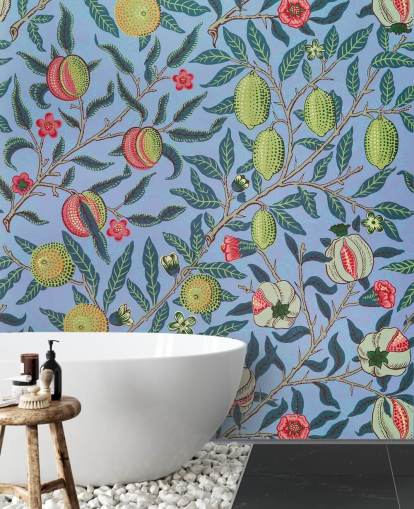 Tapete mit blauem Hintergrund, Limetten und Granatapfel