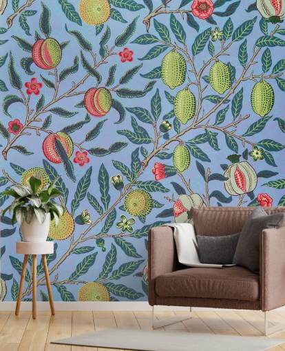 blue background limes and pomegranate wallpaper