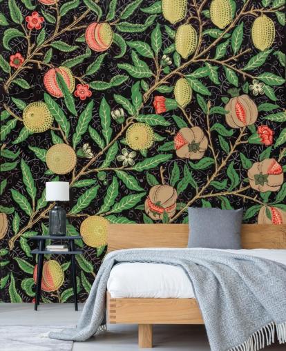 zwarte achtergrond met gele citroenen en perziken behang