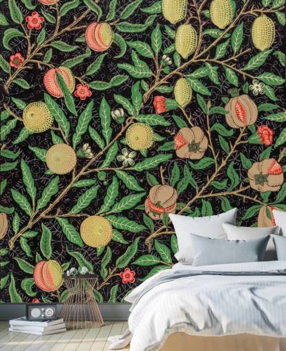 black background with yellow lemons and peaches wallpaper