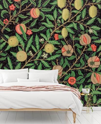 fondo negro con papel pintado de limones y melocotones amarillos